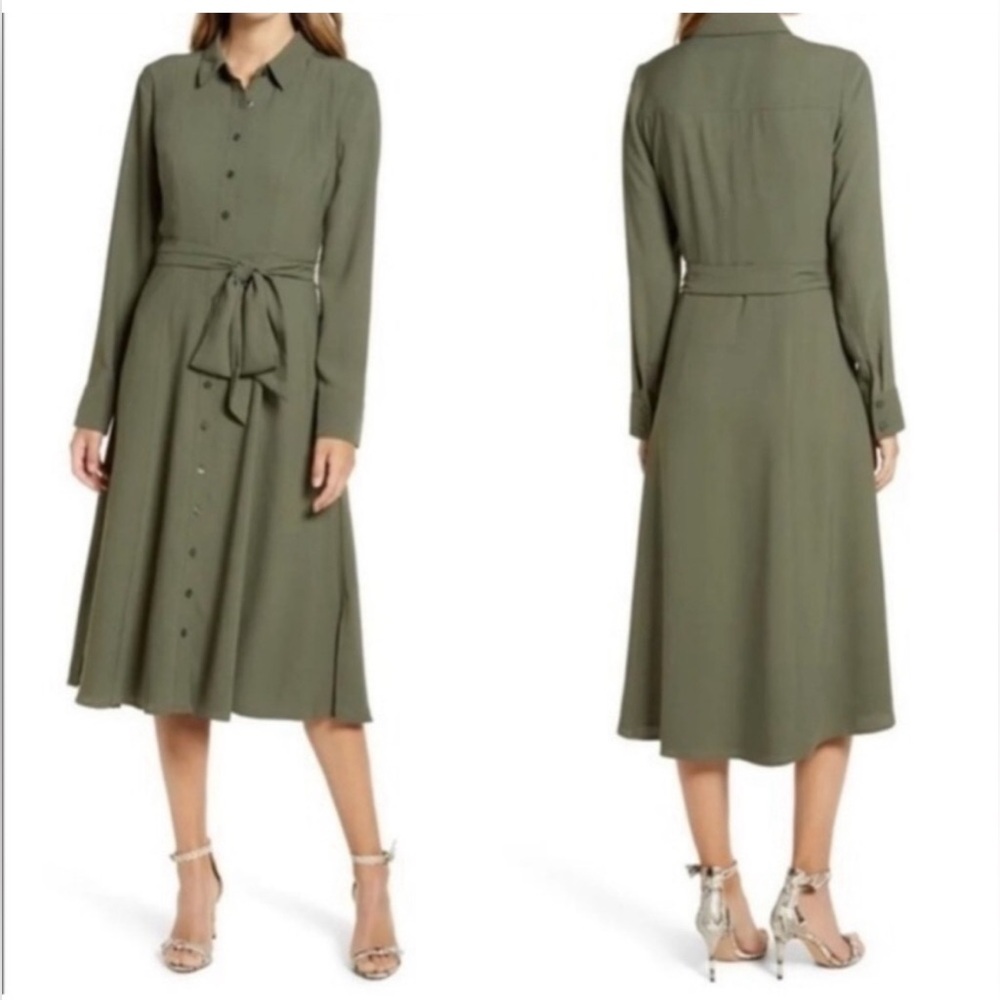 PatPat Olive Green Button-Front Midi Shirt Dress with Waist Tie